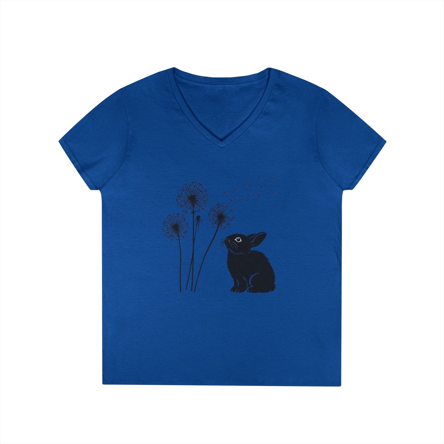 Wishful Whiskers Bunny & Dandelion V-Neck Tee – Cuniculture Club Original Whimsical Rabbit Shirt - Floral Dandelion Fashion - Nature Lover Gift
