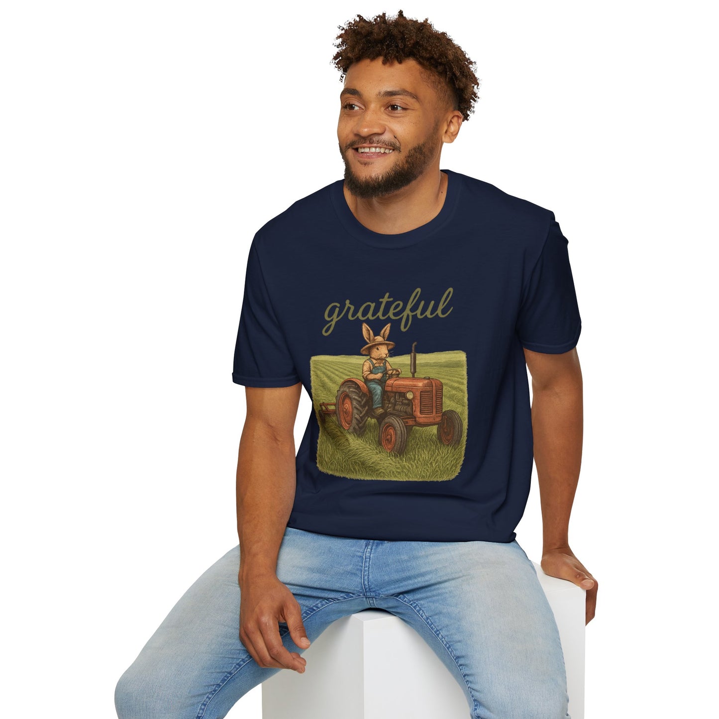 Grateful Acres Tractor Bunny Tee - Unisex Softstyle T-Shirt - Country Apparel - Farm Life Tee - Gift for Farmers & Rabbit Owners