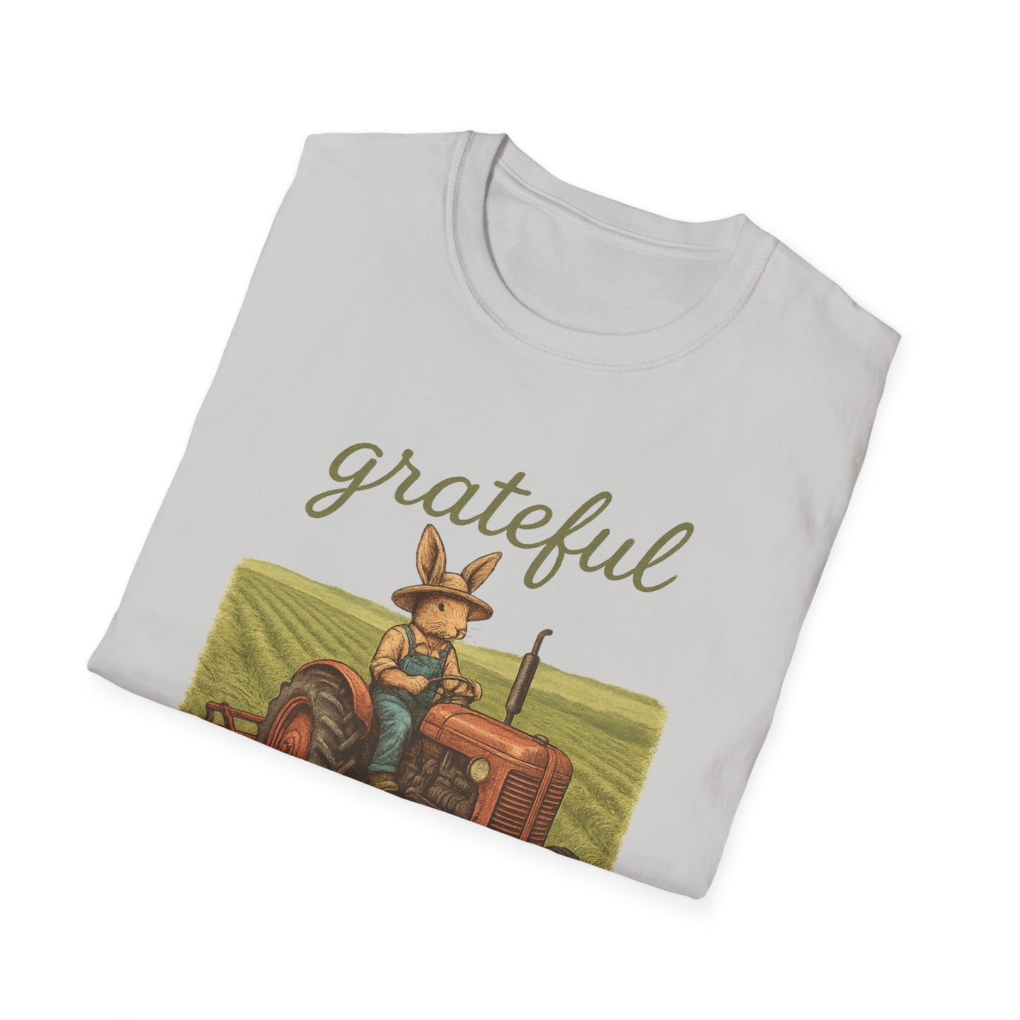 Grateful Acres Tractor Bunny Tee - Unisex Softstyle T-Shirt - Country Apparel - Farm Life Tee - Gift for Farmers & Rabbit Owners