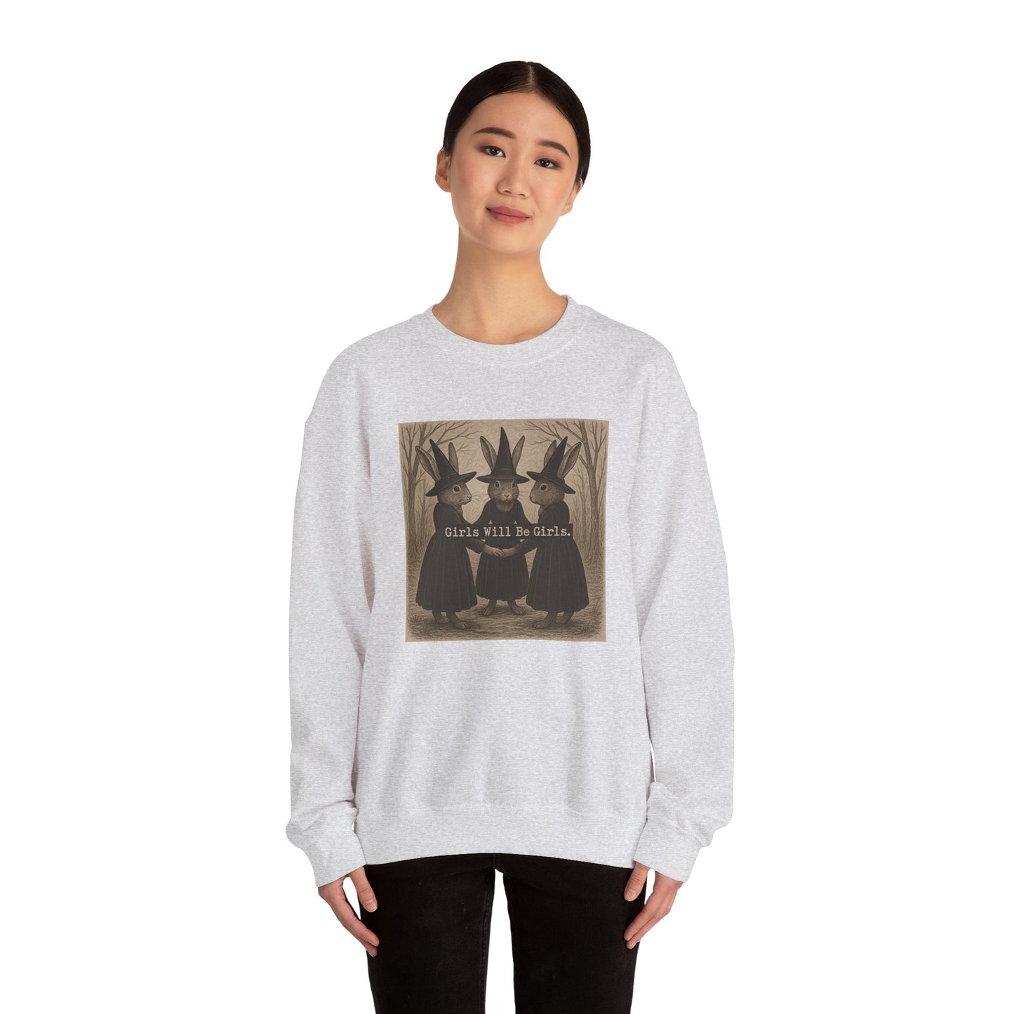 Girls Will Be Girls – Witchy Rabbit Crewneck Sweatshirt | Cozy Whimsical Rabbit Sweatshirt for Girls & Women - Halloween & Fall Collection