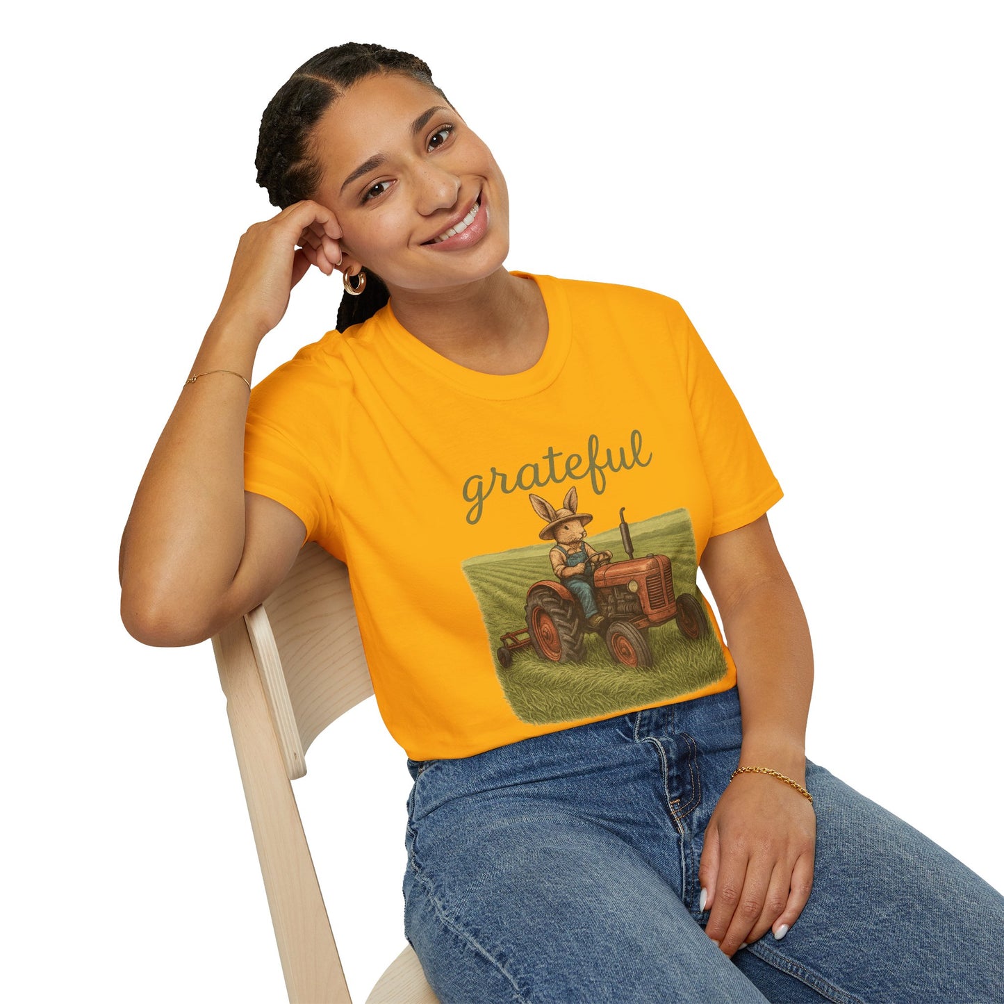 Grateful Acres Tractor Bunny Tee - Unisex Softstyle T-Shirt - Country Apparel - Farm Life Tee - Gift for Farmers & Rabbit Owners