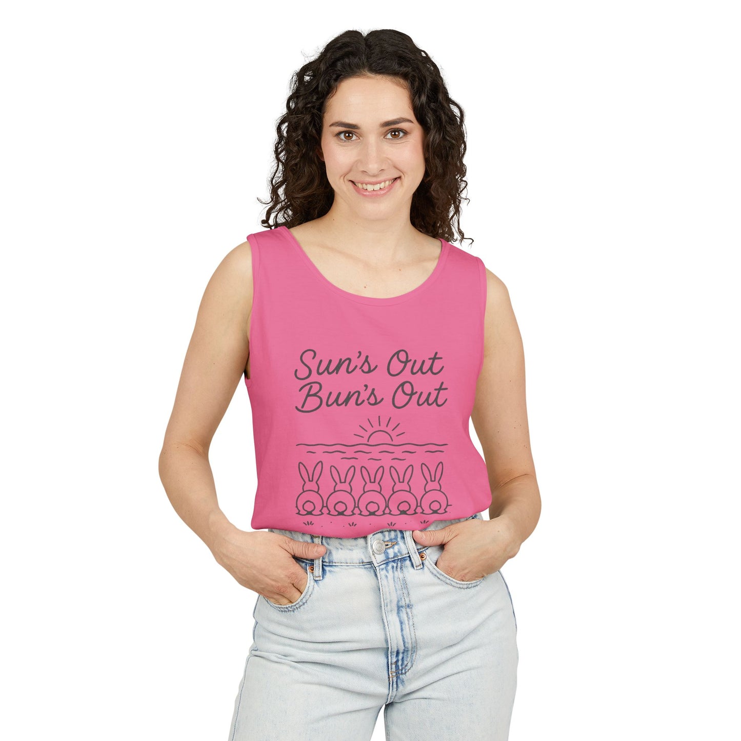 Sun's Out, Bun’s Out Tank Top – Funny Bunny Bums Summer Tee - Unisex Garment-Dyed | Beach Vibes - Vacation Apparel