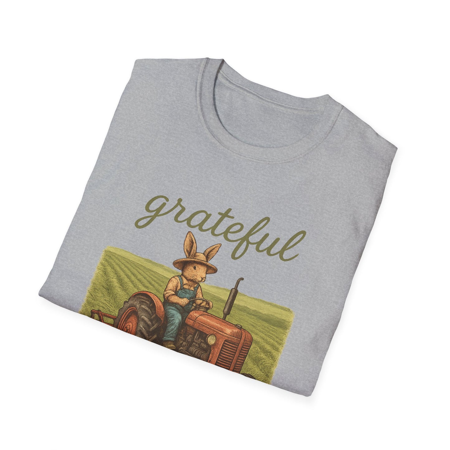 Grateful Acres Tractor Bunny Tee - Unisex Softstyle T-Shirt - Country Apparel - Farm Life Tee - Gift for Farmers & Rabbit Owners