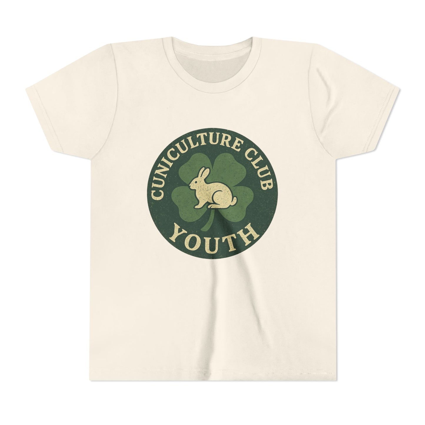 Cuniculture Club Youth Unisex T-Shirt – Distressed Clover & Bunny Emblem Tee - Fun Farm Kids Rabbit Club Shirt