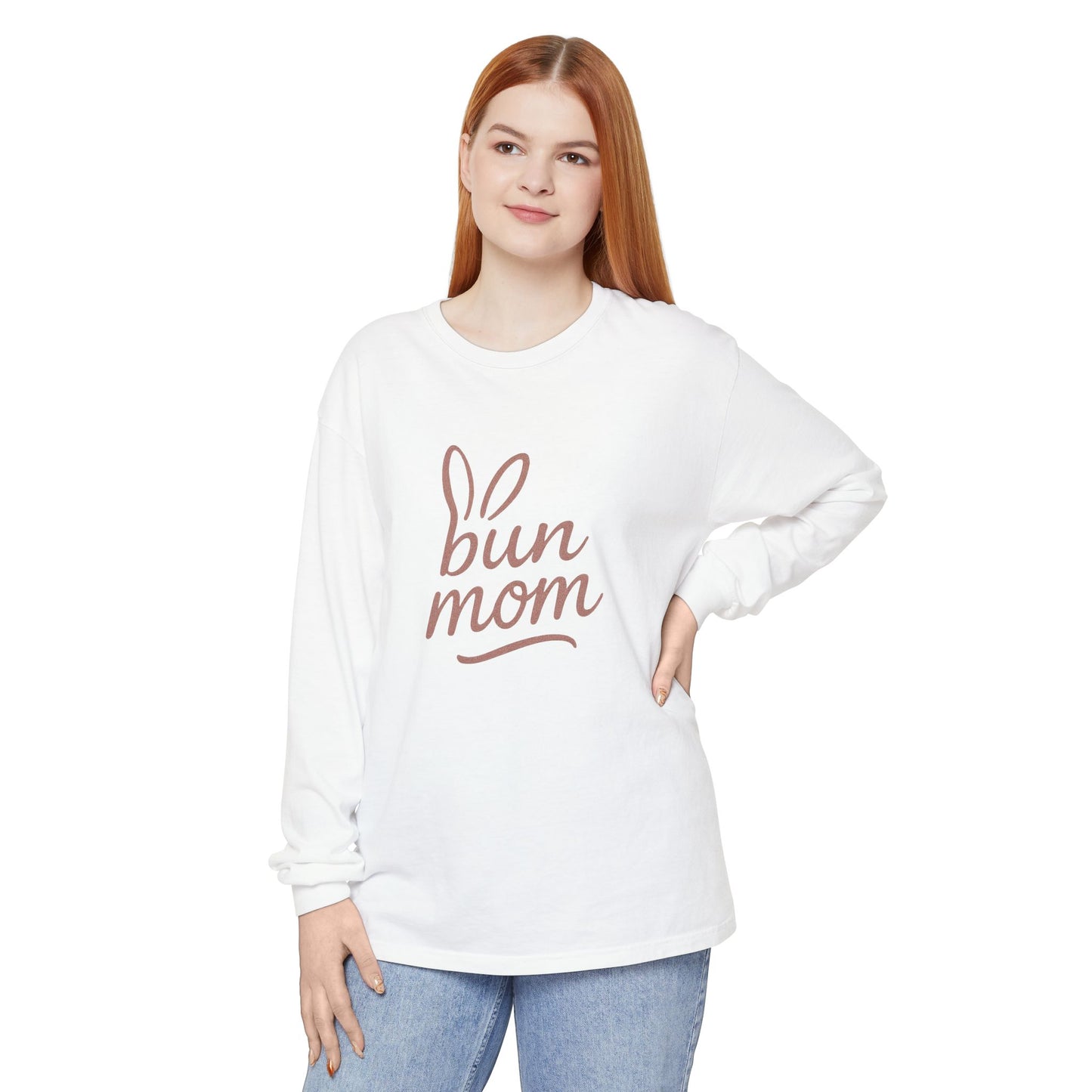 Bun Mom Long Sleeve T-Shirt | Rabbit Ears Vintage Dusty Rose Ink Script Tee - Bunny Lovers Gift Idea