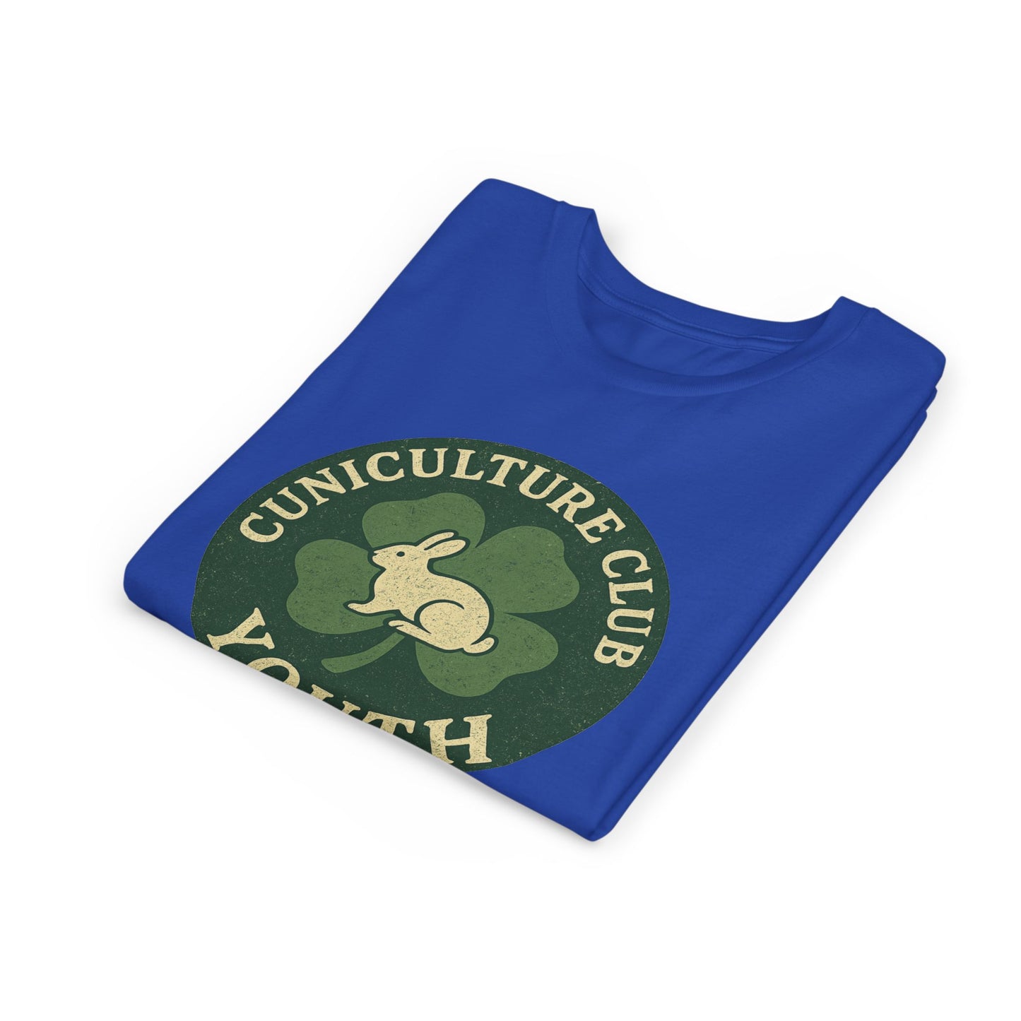 Cuniculture Club Youth Unisex T-Shirt – Distressed Clover & Bunny Emblem Tee - Fun Farm Kids Rabbit Club Shirt