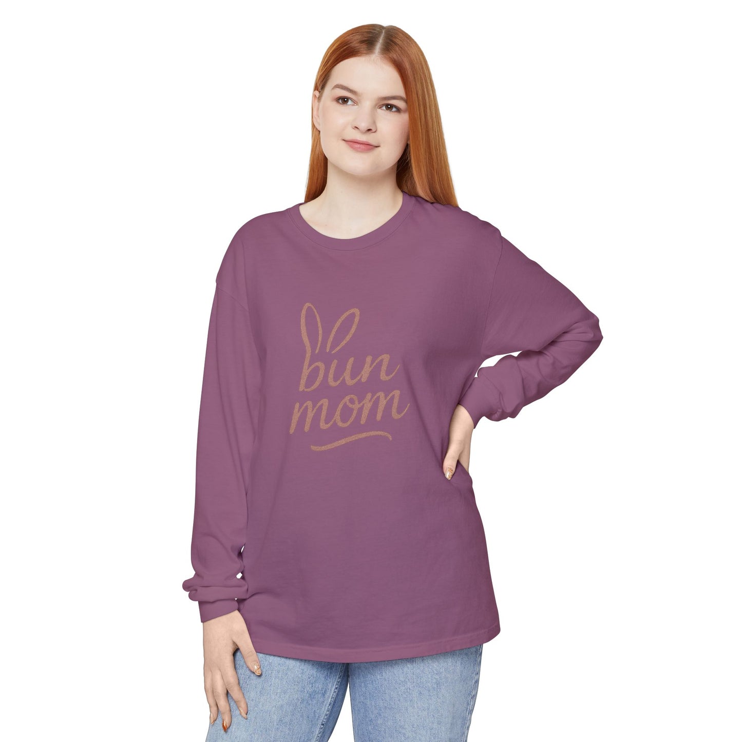 Bun Mom Long Sleeve T-Shirt | Rabbit Ears Vintage Dusty Rose Ink Script Tee - Bunny Lovers Gift Idea