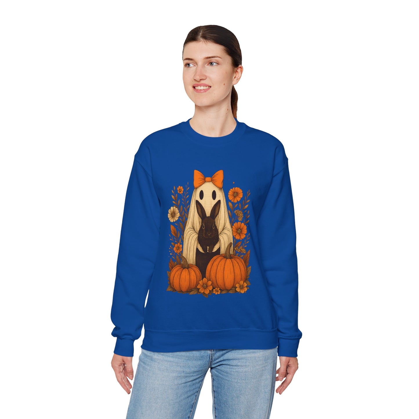 Vintage Black Rabbit with Pumpkins & Florals - Ghostly Garden Bunny Halloween Sweatshirt – Autumn Ghost Crewneck - Cozy Cute Gift