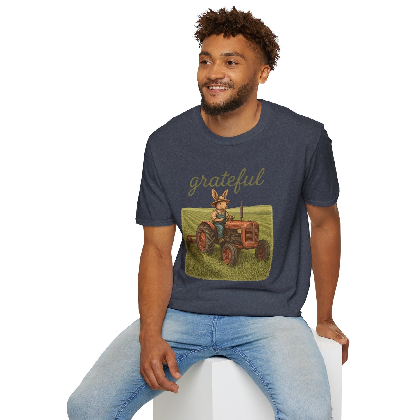 Grateful Acres Tractor Bunny Tee - Unisex Softstyle T-Shirt - Country Apparel - Farm Life Tee - Gift for Farmers & Rabbit Owners