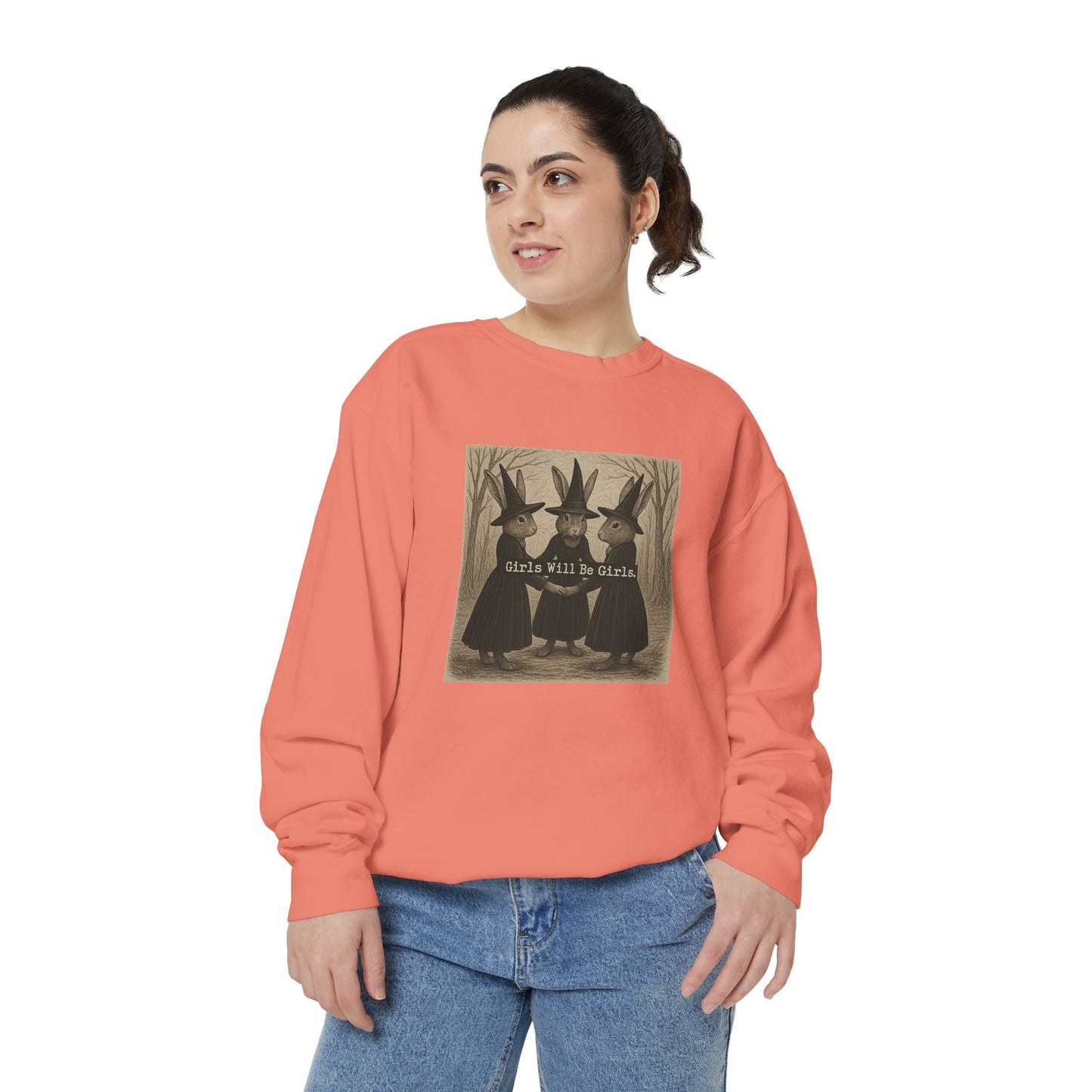 Girls Will Be Girls Rabbit Witch Circle – Garment-Dyed Bunny Sweatshirt | Halloween & Fall Collection