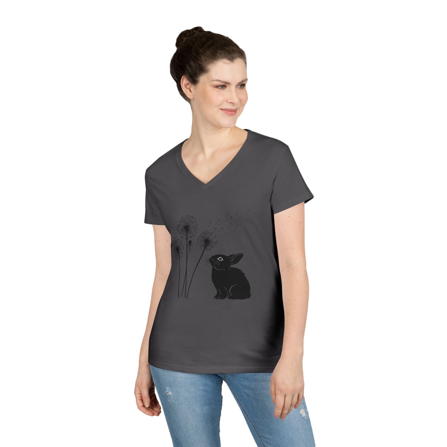 Wishful Whiskers Bunny & Dandelion V-Neck Tee – Cuniculture Club Original Whimsical Rabbit Shirt - Floral Dandelion Fashion - Nature Lover Gift