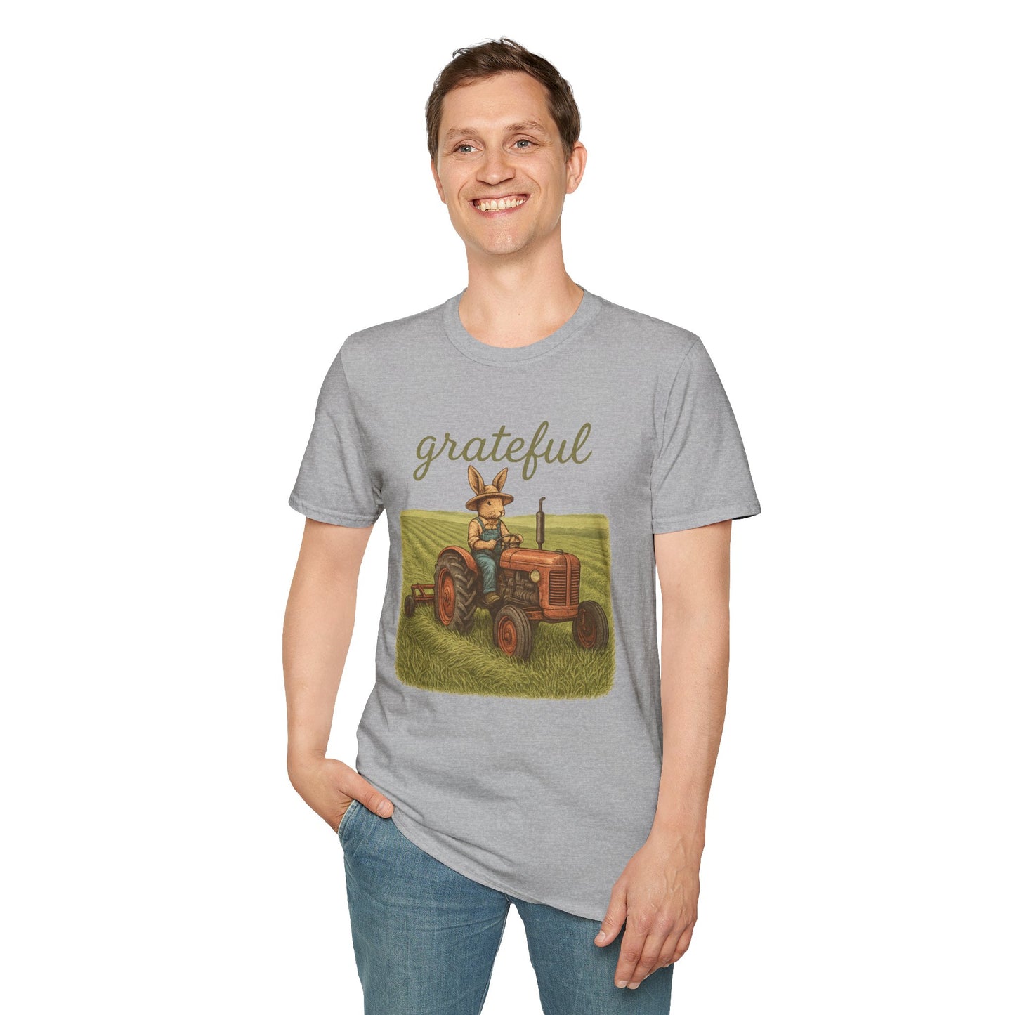 Grateful Acres Tractor Bunny Tee - Unisex Softstyle T-Shirt - Country Apparel - Farm Life Tee - Gift for Farmers & Rabbit Owners