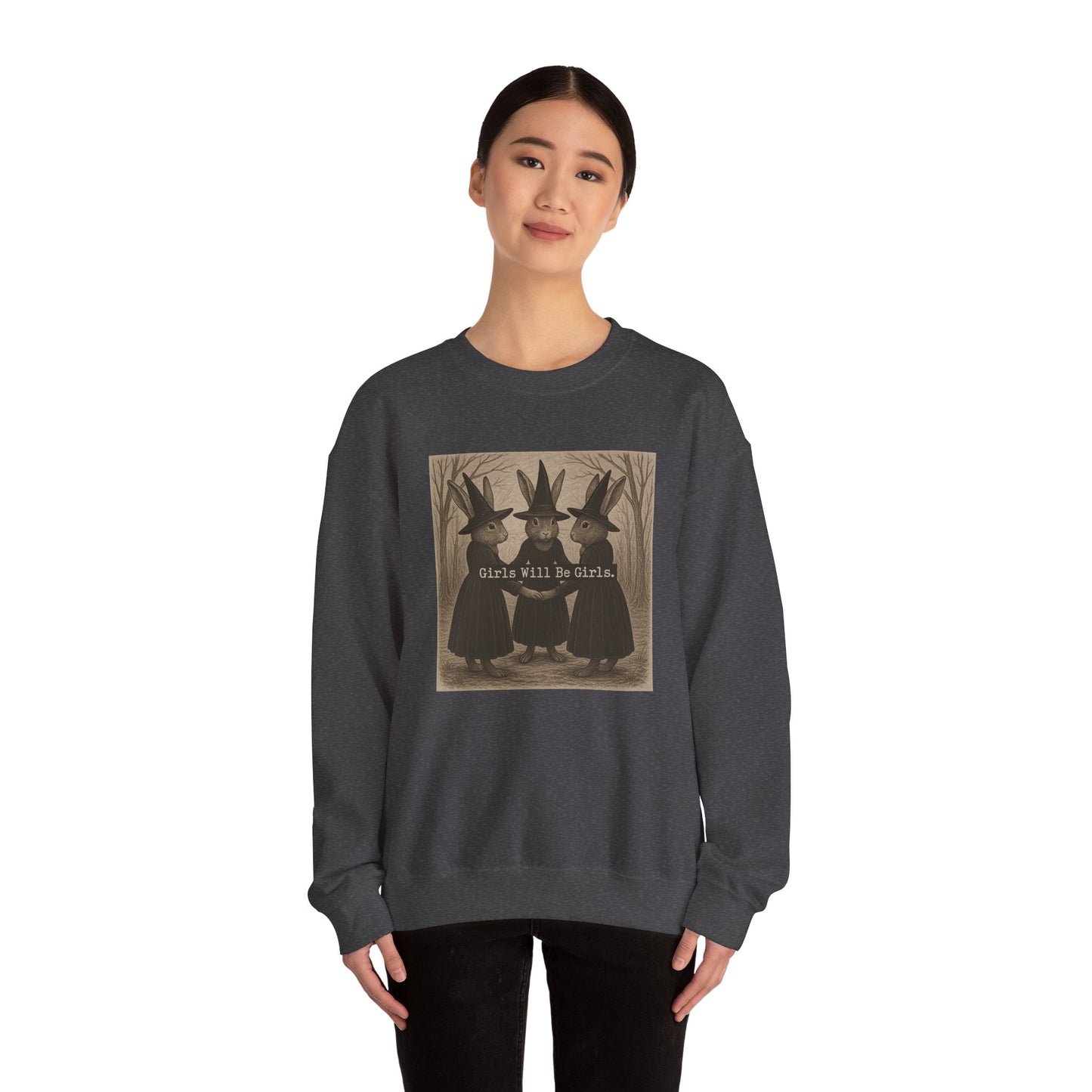 Girls Will Be Girls – Witchy Rabbit Crewneck Sweatshirt | Cozy Whimsical Rabbit Sweatshirt for Girls & Women - Halloween & Fall Collection
