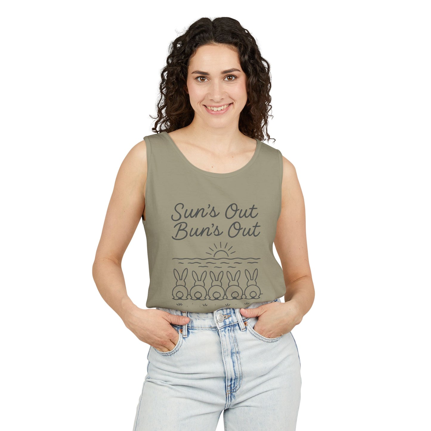 Sun's Out, Bun’s Out Tank Top – Funny Bunny Bums Summer Tee - Unisex Garment-Dyed | Beach Vibes - Vacation Apparel