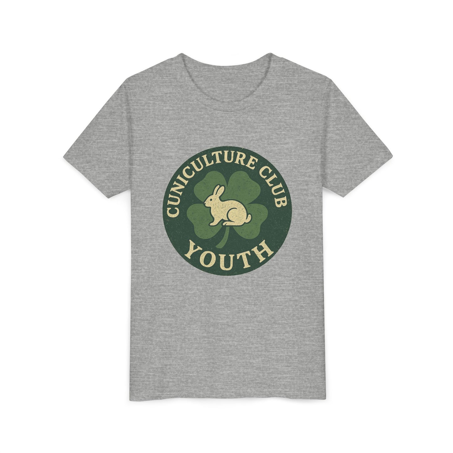 Cuniculture Club Youth Unisex T-Shirt – Distressed Clover & Bunny Emblem Tee - Fun Farm Kids Rabbit Club Shirt