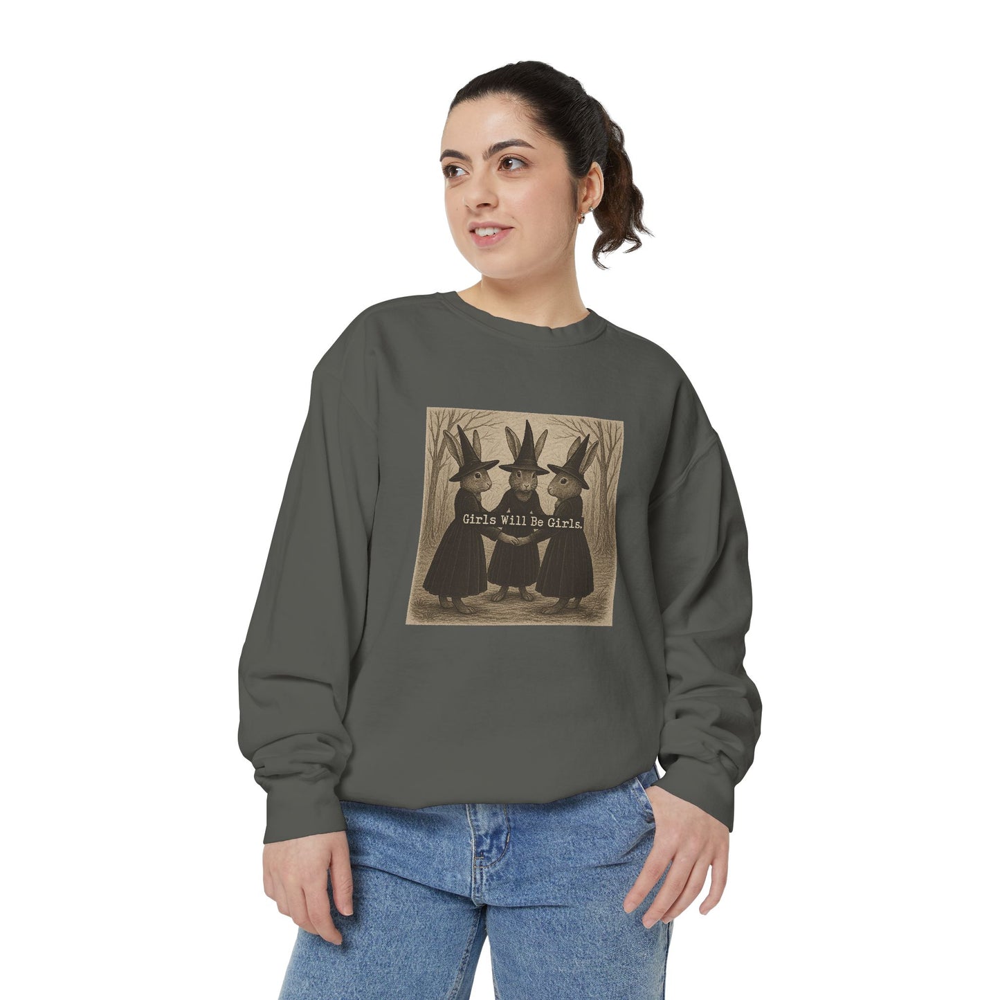 Girls Will Be Girls Rabbit Witch Circle – Garment-Dyed Bunny Sweatshirt | Halloween & Fall Collection