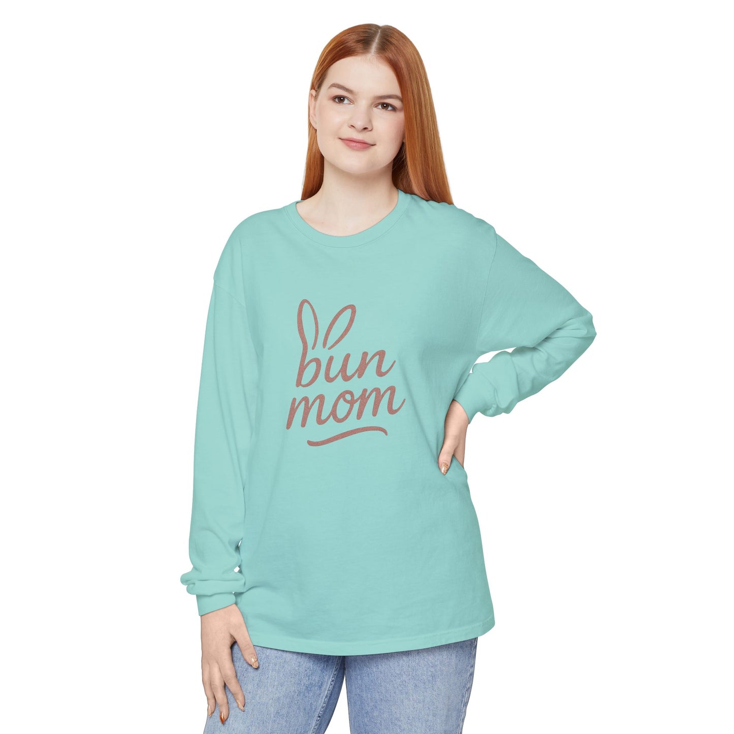 Bun Mom Long Sleeve T-Shirt | Rabbit Ears Vintage Dusty Rose Ink Script Tee - Bunny Lovers Gift Idea