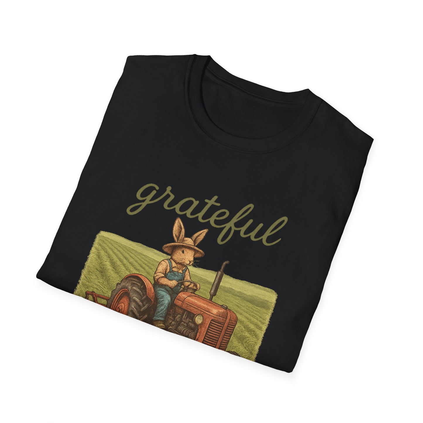 Grateful Acres Tractor Bunny Tee - Unisex Softstyle T-Shirt - Country Apparel - Farm Life Tee - Gift for Farmers & Rabbit Owners