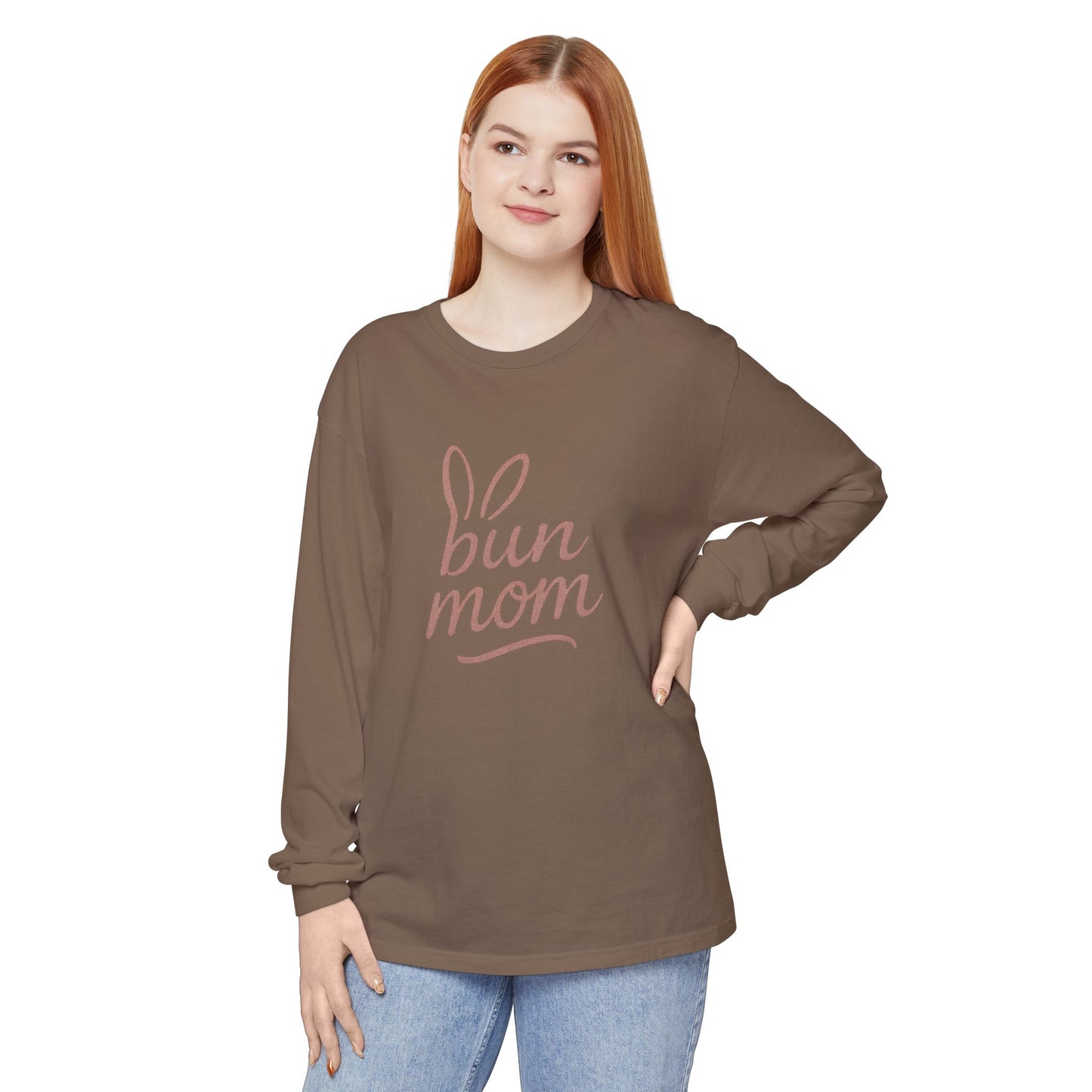 Bun Mom Long Sleeve T-Shirt | Rabbit Ears Vintage Dusty Rose Ink Script Tee - Bunny Lovers Gift Idea