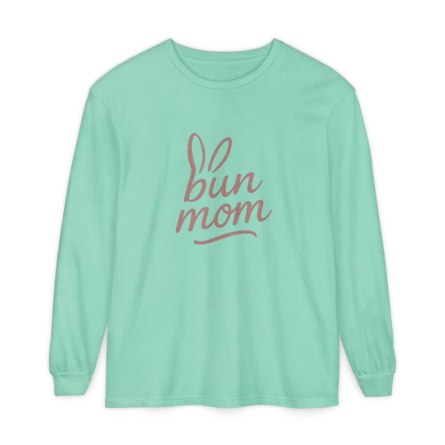 Bun Mom Long Sleeve T-Shirt | Rabbit Ears Vintage Dusty Rose Ink Script Tee - Bunny Lovers Gift Idea