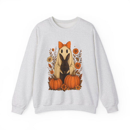 Vintage Black Rabbit with Pumpkins & Florals - Ghostly Garden Bunny Halloween Sweatshirt – Autumn Ghost Crewneck - Cozy Cute Gift