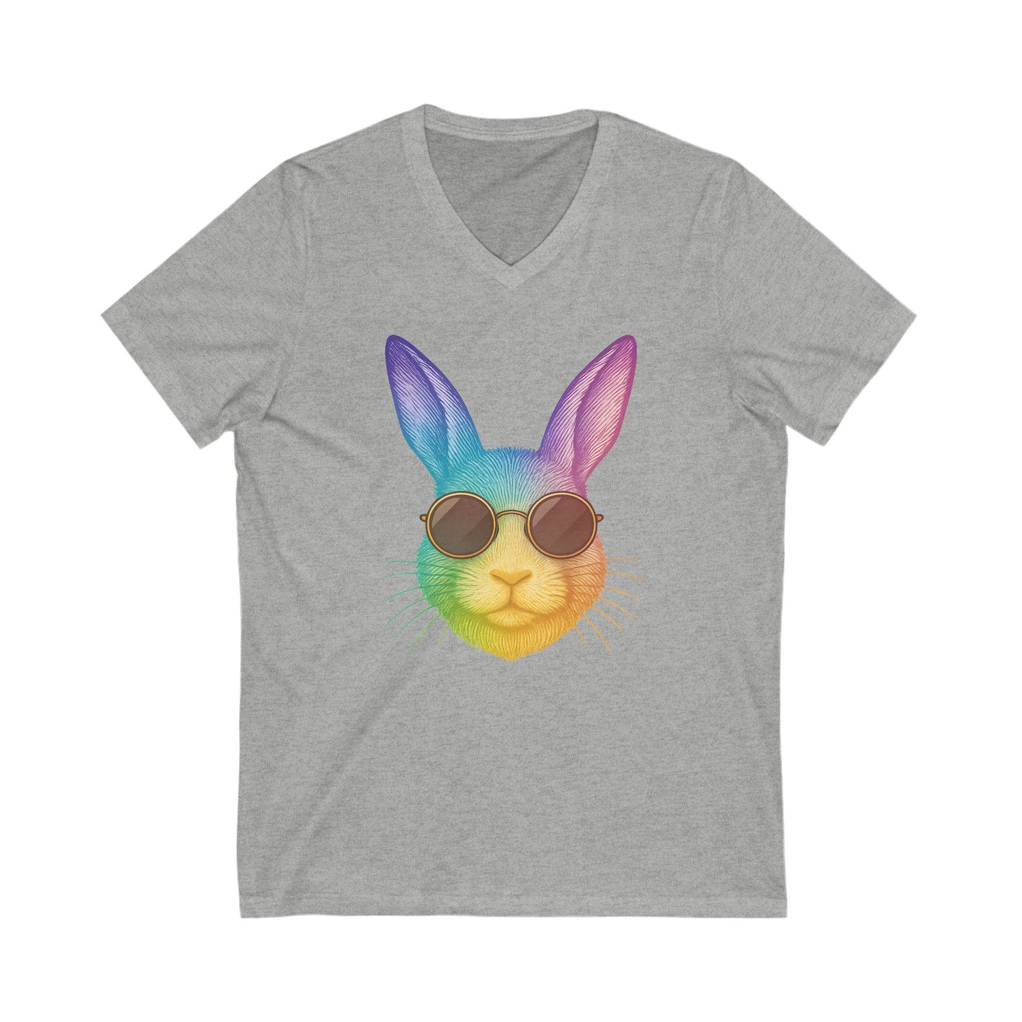 Rainbow Cool Bunny in Sunglasses V-Neck Tee – Unisex Jersey Short Sleeve Rabbit Shirt - Summer Wardrobe Essential - Trendy Graphic Tee