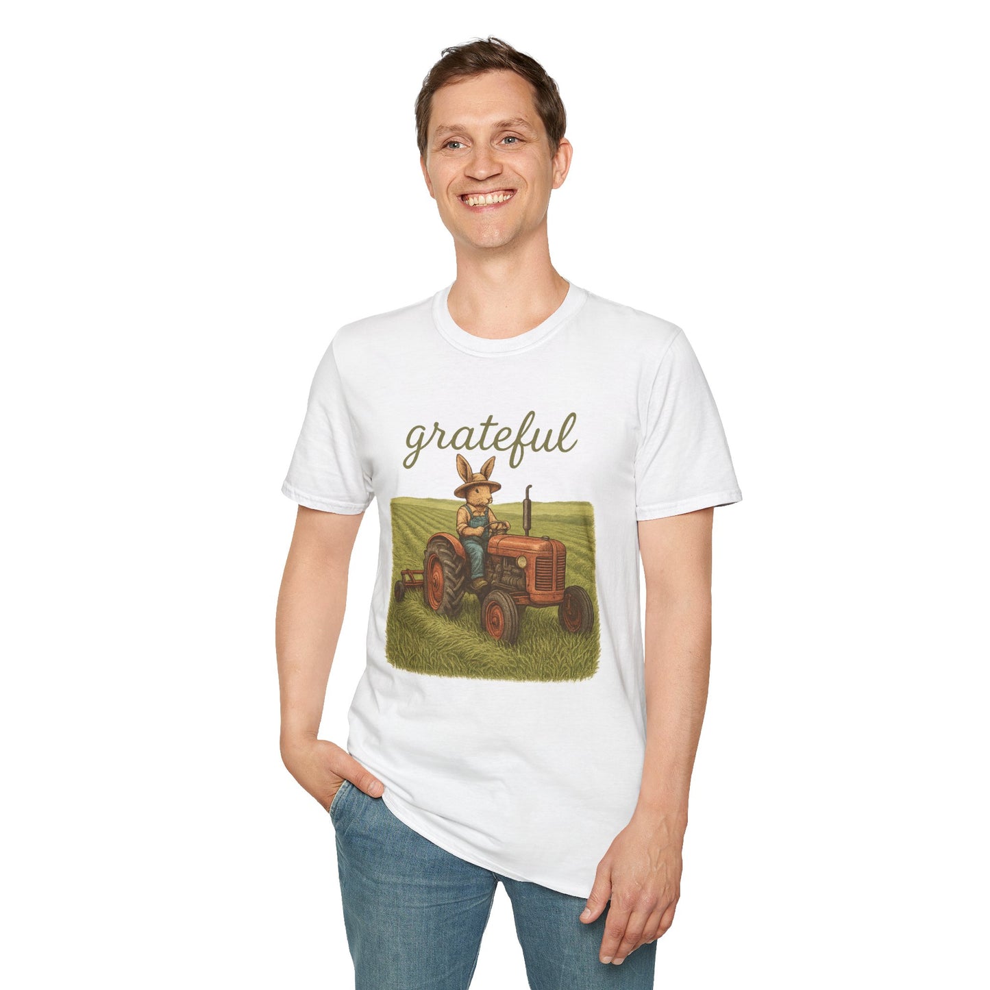 Grateful Acres Tractor Bunny Tee - Unisex Softstyle T-Shirt - Country Apparel - Farm Life Tee - Gift for Farmers & Rabbit Owners