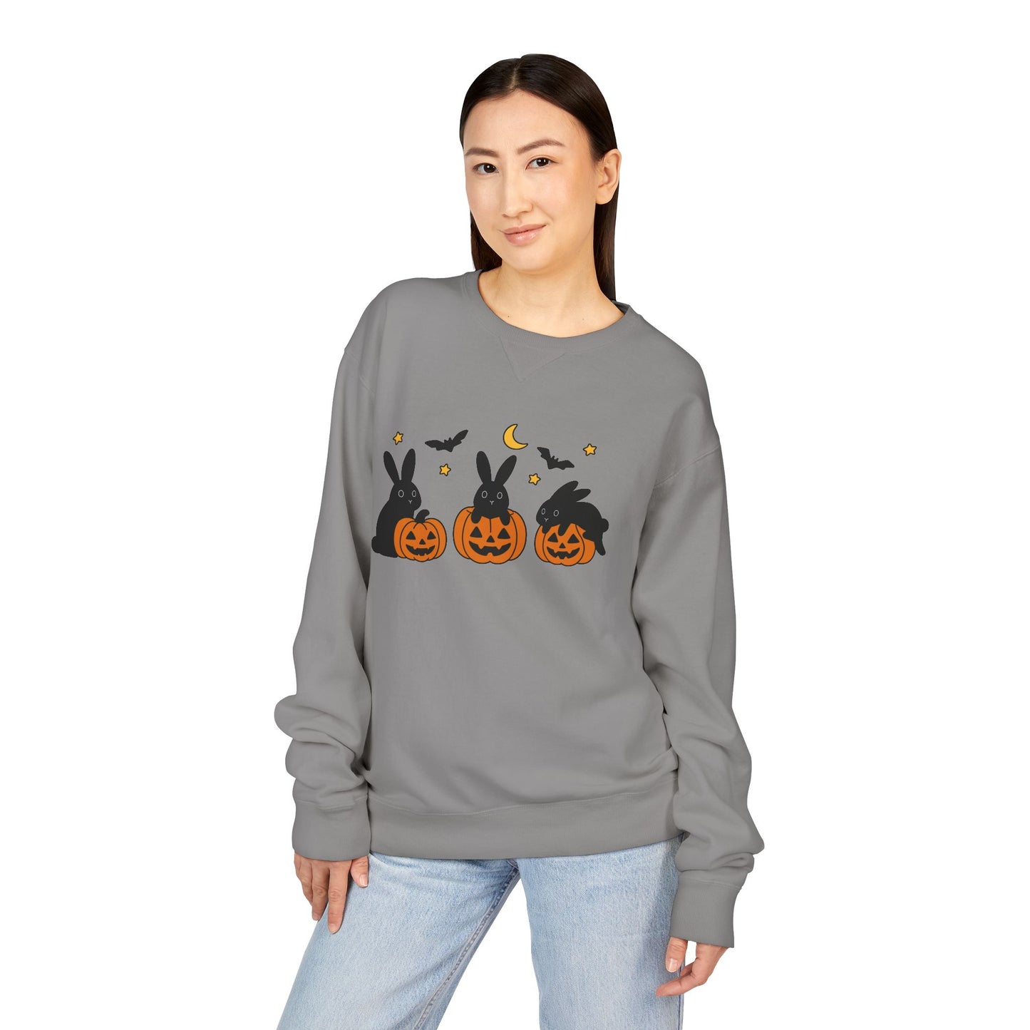 Pumpkin Patch Bunnies Halloween Sweatshirt – Rabbit & Jack-o’-Lantern Crewneck | Cozy Fall Fashion Unisex Apparel - Spooky Season Gift