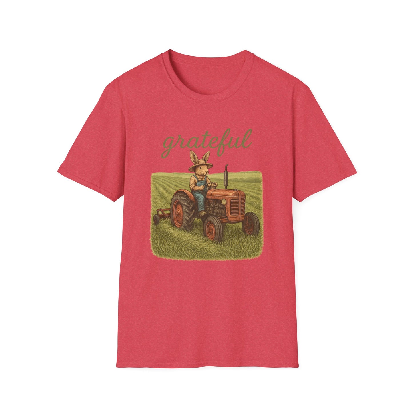 Grateful Acres Tractor Bunny Tee - Unisex Softstyle T-Shirt - Country Apparel - Farm Life Tee - Gift for Farmers & Rabbit Owners