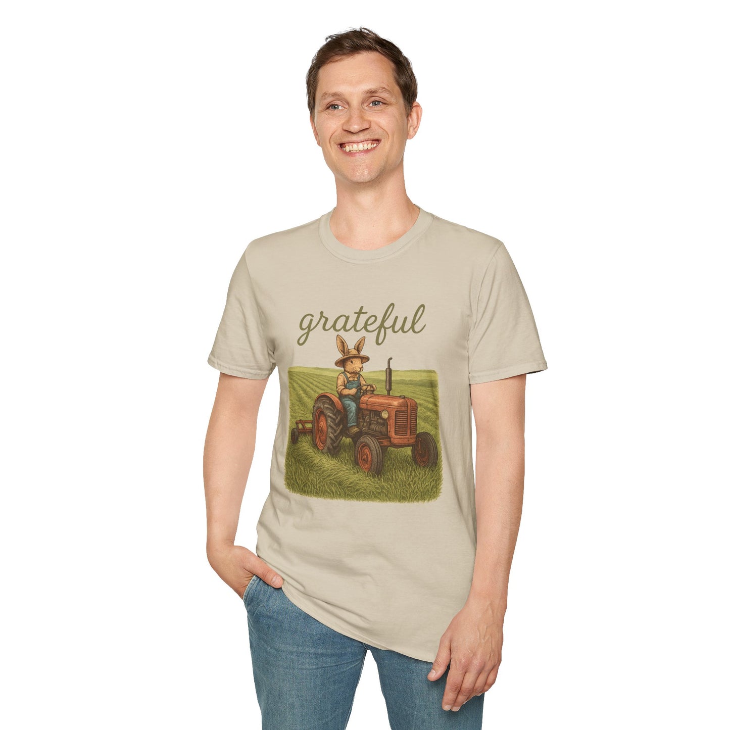 Grateful Acres Tractor Bunny Tee - Unisex Softstyle T-Shirt - Country Apparel - Farm Life Tee - Gift for Farmers & Rabbit Owners