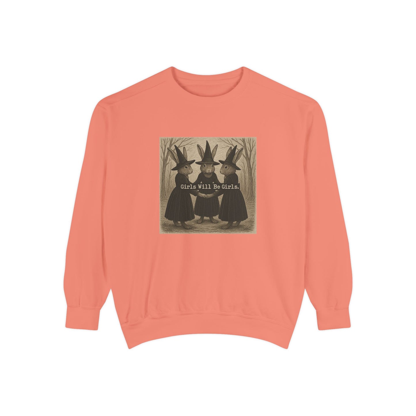 Girls Will Be Girls Rabbit Witch Circle – Garment-Dyed Bunny Sweatshirt | Halloween & Fall Collection