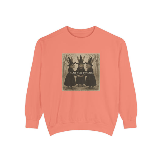 Girls Will Be Girls Rabbit Witch Circle – Garment-Dyed Bunny Sweatshirt | Halloween & Fall Collection
