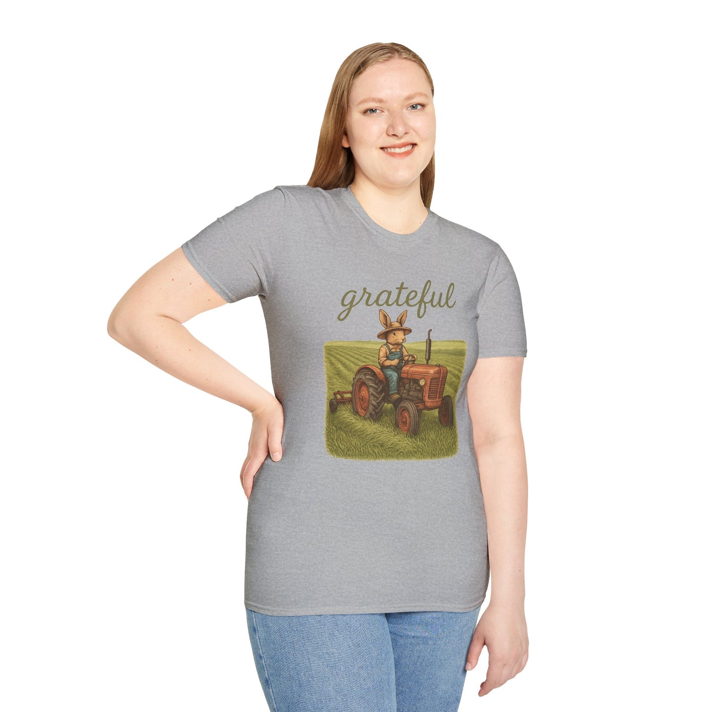 Grateful Acres Tractor Bunny Tee - Unisex Softstyle T-Shirt - Country Apparel - Farm Life Tee - Gift for Farmers & Rabbit Owners