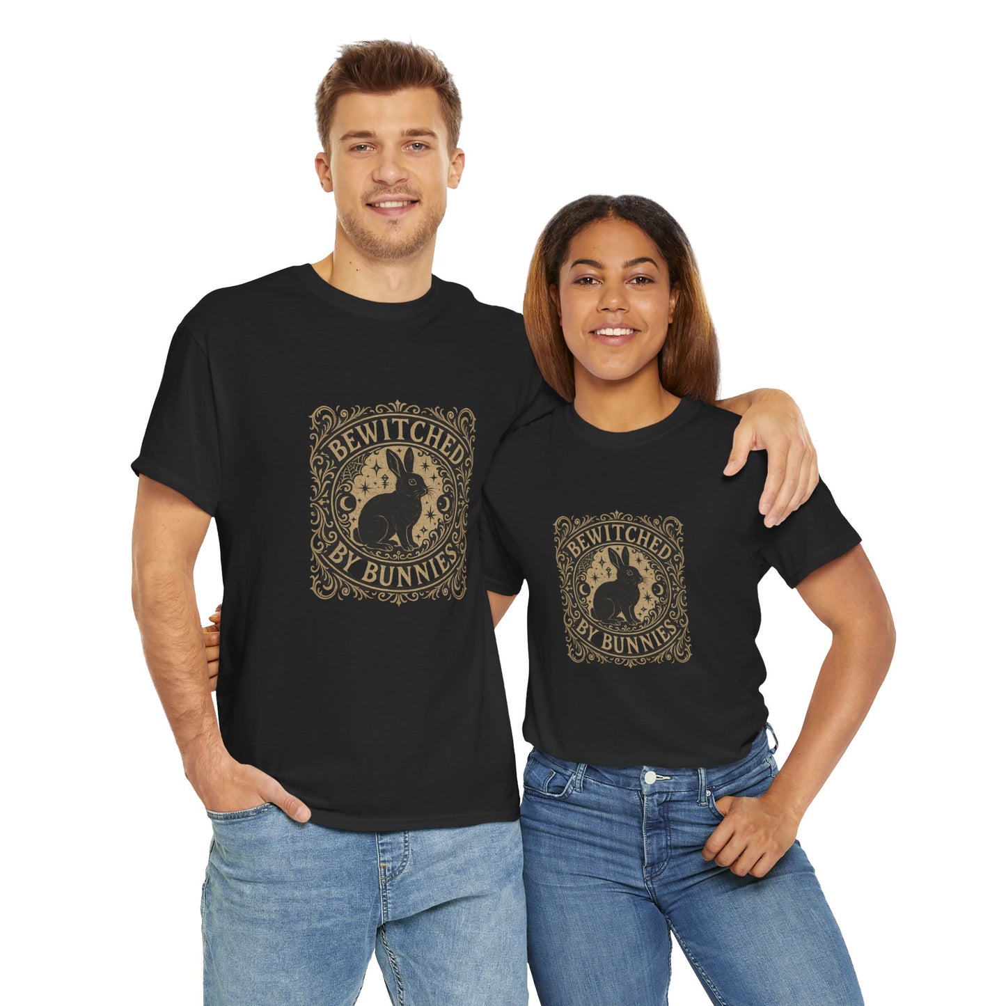 Bewitched by Bunnies Unisex Heavy Cotton T-Shirt – Enchanted Rabbit Halloween & Fall Graphic Tee | Bunny Lovers Gift