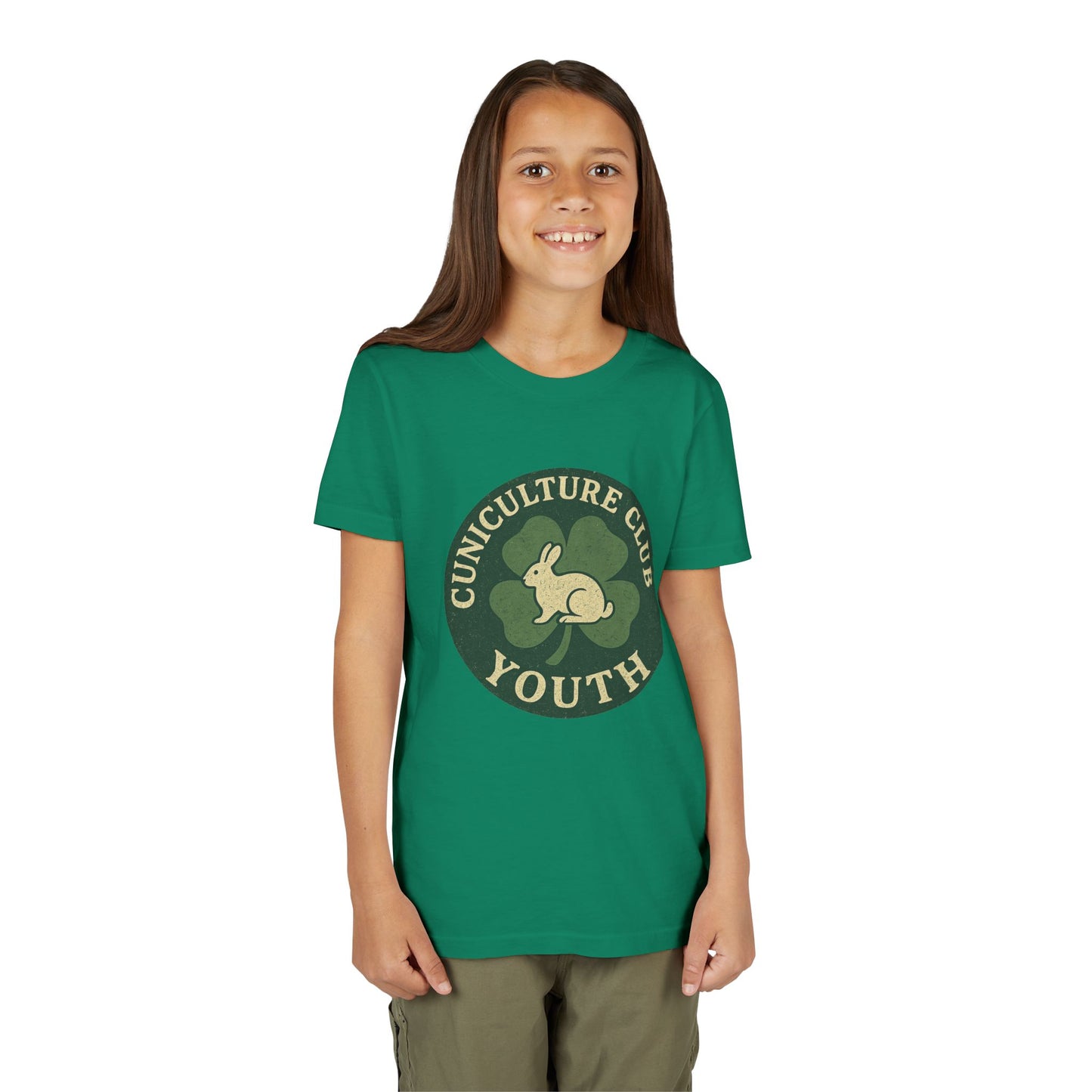 Cuniculture Club Youth Unisex T-Shirt – Distressed Clover & Bunny Emblem Tee - Fun Farm Kids Rabbit Club Shirt