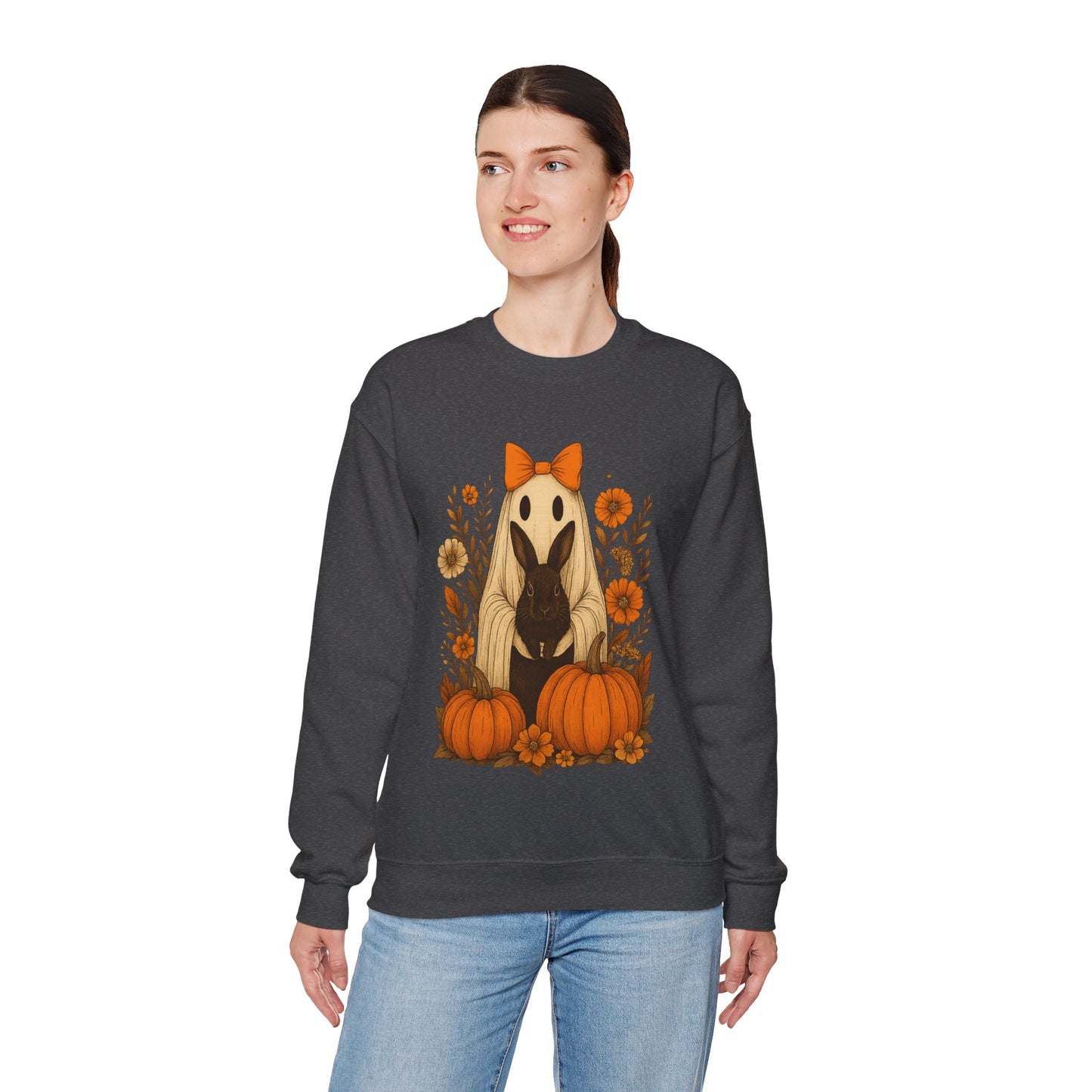 Vintage Black Rabbit with Pumpkins & Florals - Ghostly Garden Bunny Halloween Sweatshirt – Autumn Ghost Crewneck - Cozy Cute Gift