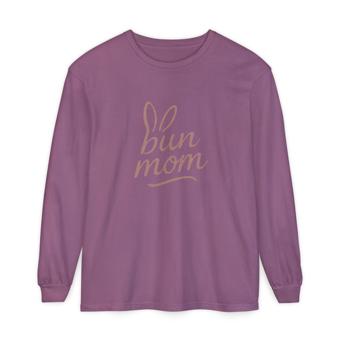 Bun Mom Long Sleeve T-Shirt | Rabbit Ears Vintage Dusty Rose Ink Script Tee - Bunny Lovers Gift Idea