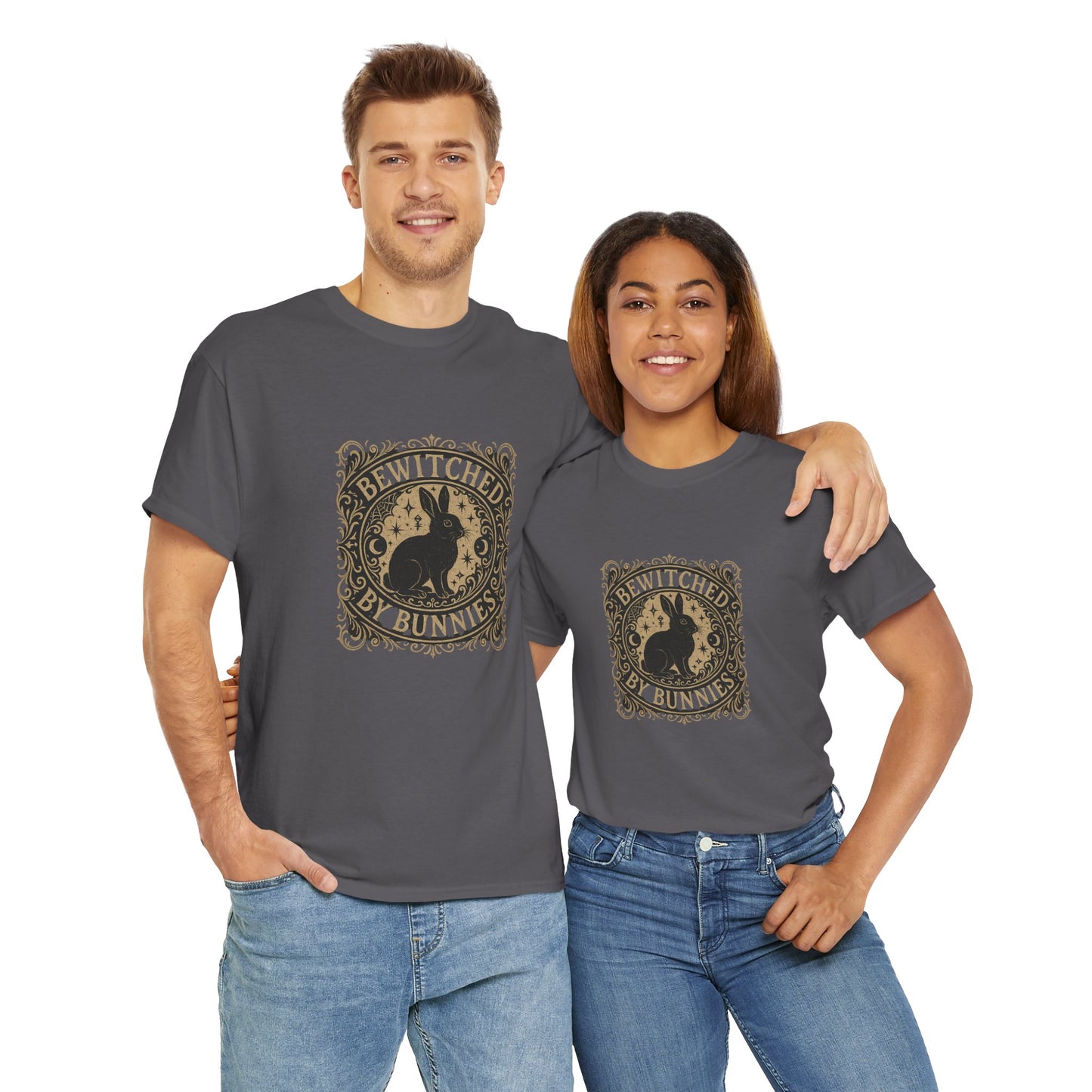 Bewitched by Bunnies Unisex Heavy Cotton T-Shirt – Enchanted Rabbit Halloween & Fall Graphic Tee | Bunny Lovers Gift