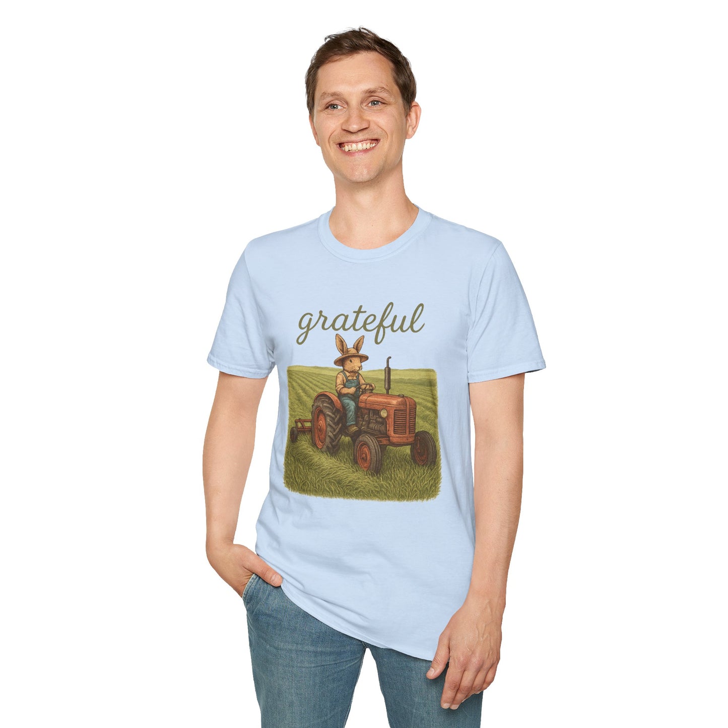 Grateful Acres Tractor Bunny Tee - Unisex Softstyle T-Shirt - Country Apparel - Farm Life Tee - Gift for Farmers & Rabbit Owners