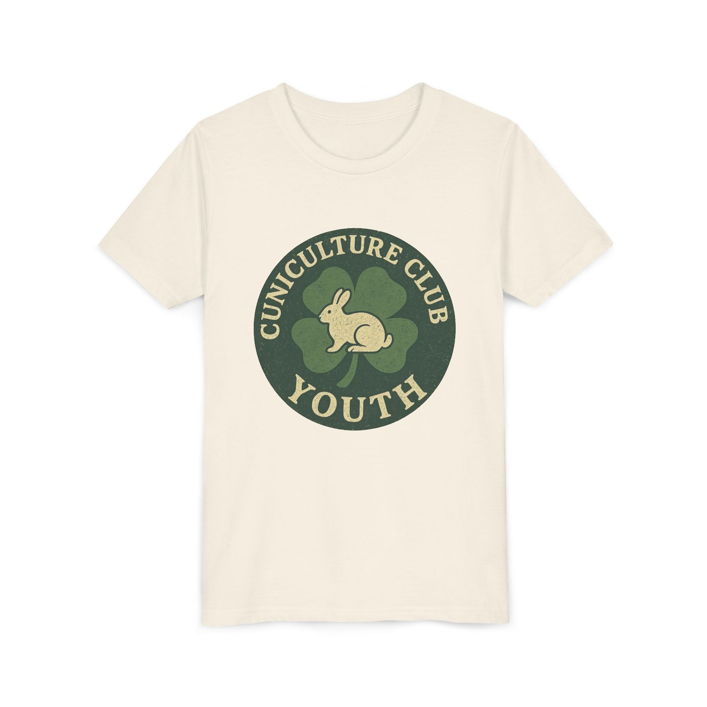 Cuniculture Club Youth Unisex T-Shirt – Distressed Clover & Bunny Emblem Tee - Fun Farm Kids Rabbit Club Shirt