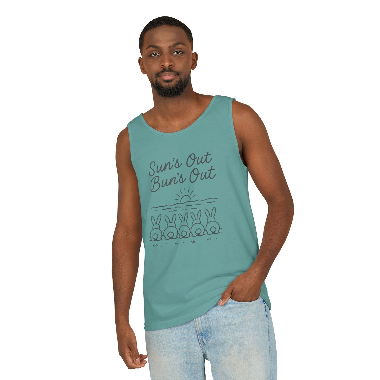 Sun's Out, Bun’s Out Tank Top – Funny Bunny Bums Summer Tee - Unisex Garment-Dyed | Beach Vibes - Vacation Apparel