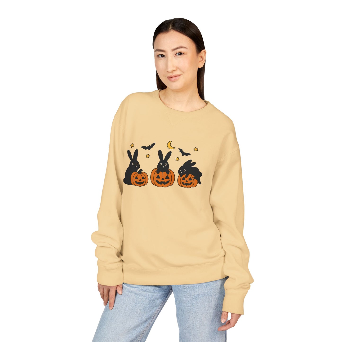 Pumpkin Patch Bunnies Halloween Sweatshirt – Rabbit & Jack-o’-Lantern Crewneck | Cozy Fall Fashion Unisex Apparel - Spooky Season Gift