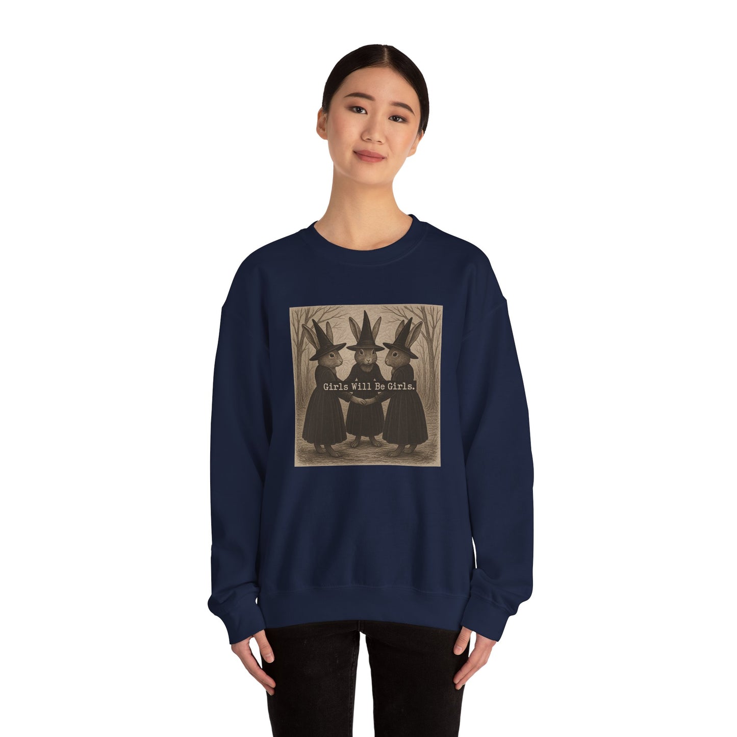 Girls Will Be Girls – Witchy Rabbit Crewneck Sweatshirt | Cozy Whimsical Rabbit Sweatshirt for Girls & Women - Halloween & Fall Collection