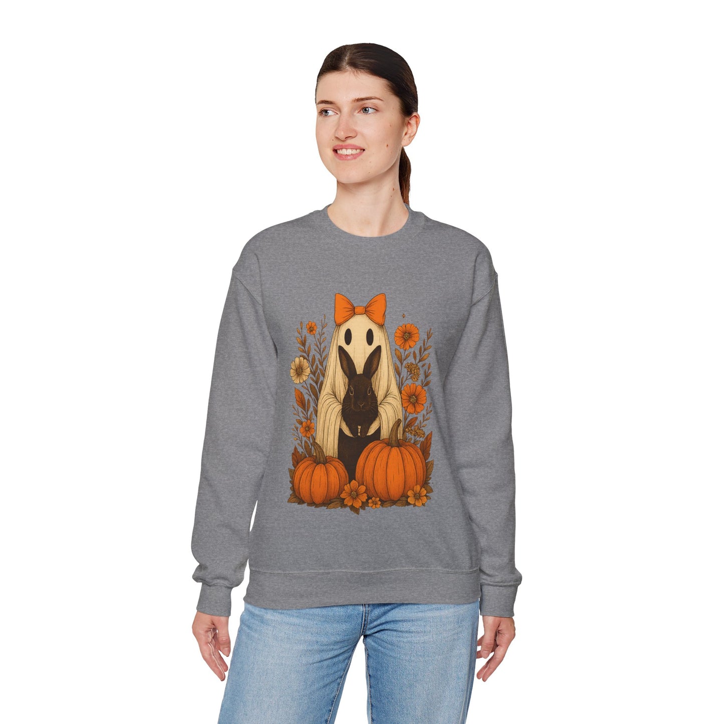 Vintage Black Rabbit with Pumpkins & Florals - Ghostly Garden Bunny Halloween Sweatshirt – Autumn Ghost Crewneck - Cozy Cute Gift