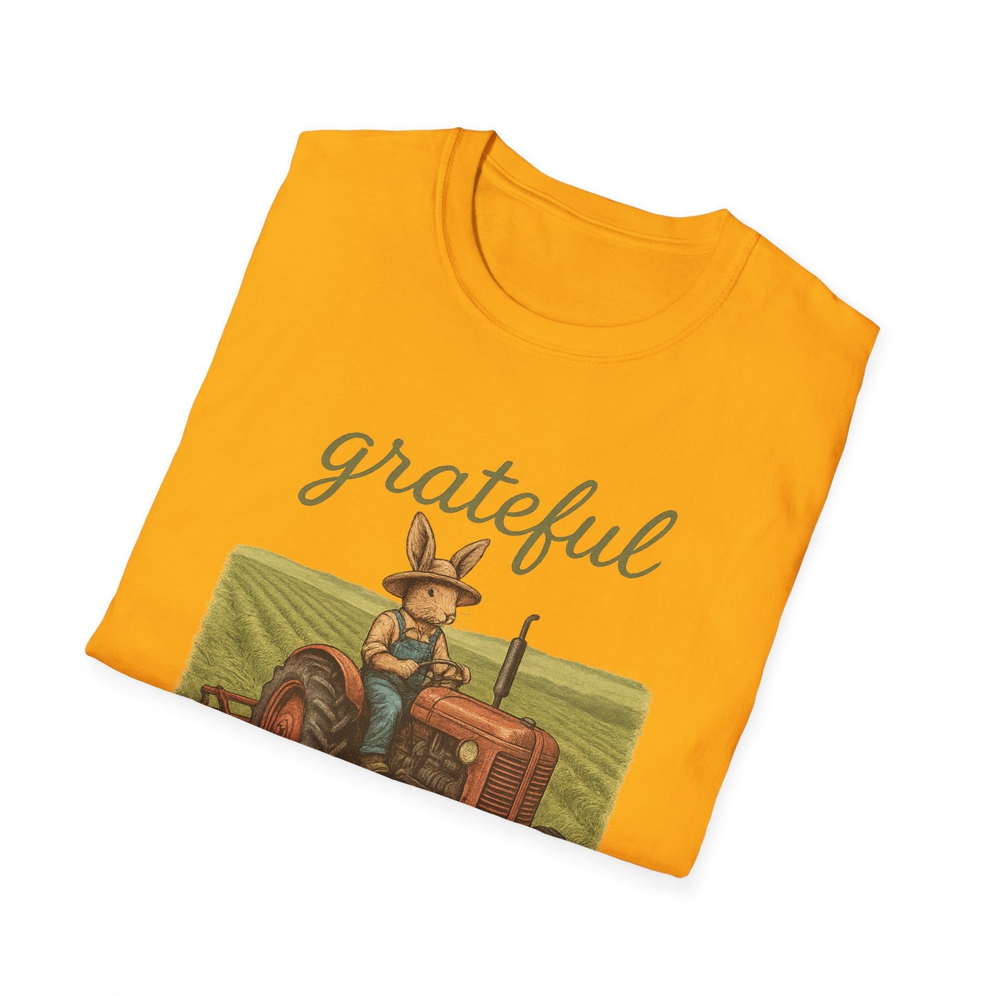 Grateful Acres Tractor Bunny Tee - Unisex Softstyle T-Shirt - Country Apparel - Farm Life Tee - Gift for Farmers & Rabbit Owners
