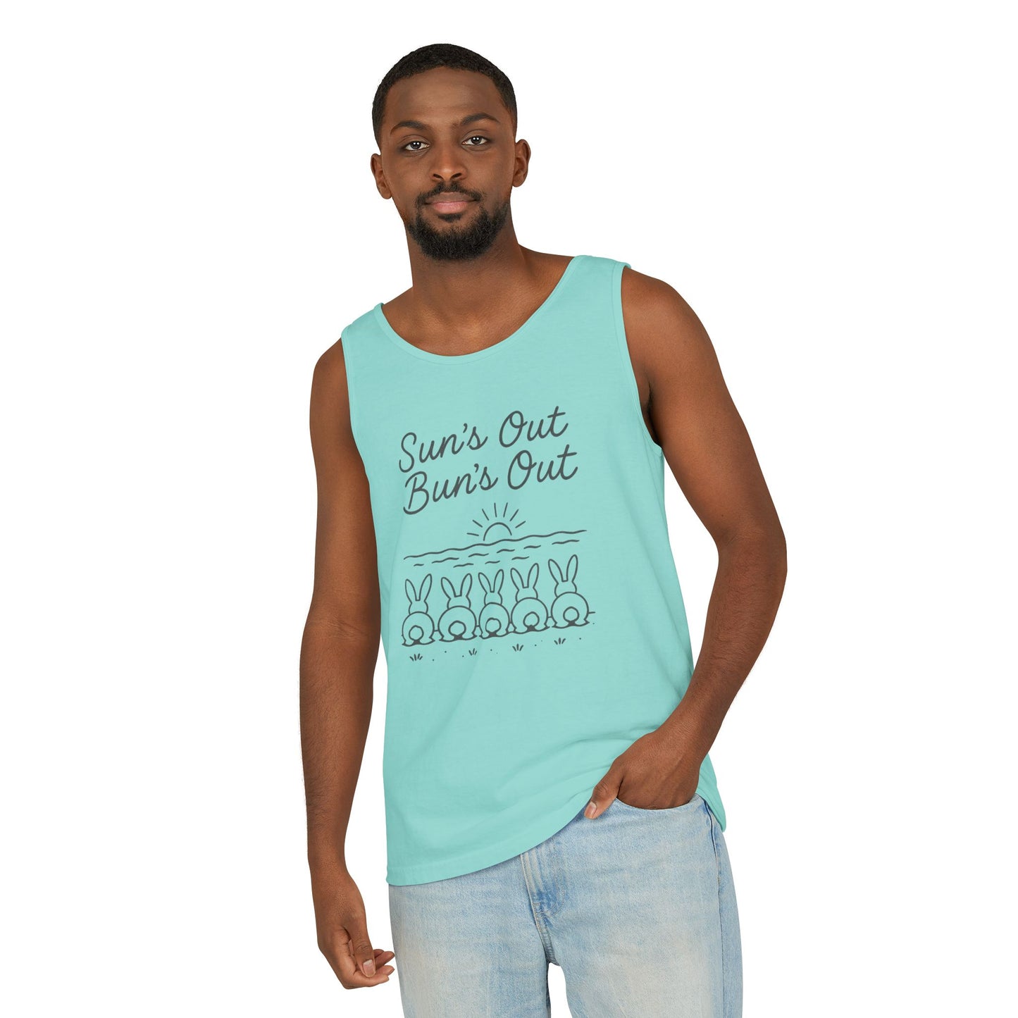 Sun's Out, Bun’s Out Tank Top – Funny Bunny Bums Summer Tee - Unisex Garment-Dyed | Beach Vibes - Vacation Apparel