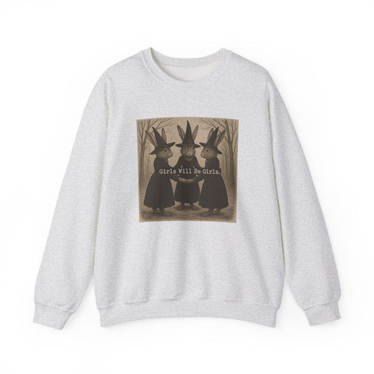 Girls Will Be Girls – Witchy Rabbit Crewneck Sweatshirt | Cozy Whimsical Rabbit Sweatshirt for Girls & Women - Halloween & Fall Collection