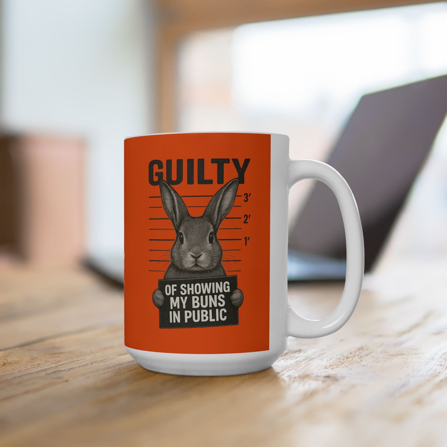 Guilty of Showing My Buns in Public with Orange Background Ceramic Mug - Gift for Coffee Lovers & Rabbit Show Exhibitors - Two Sizes: 11 oz & 15 oz