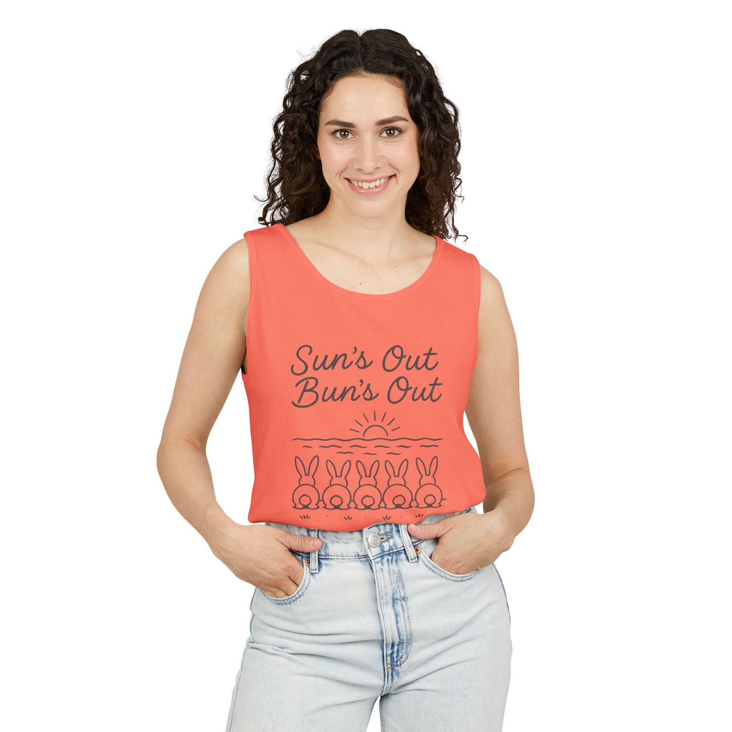 Sun's Out, Bun’s Out Tank Top – Funny Bunny Bums Summer Tee - Unisex Garment-Dyed | Beach Vibes - Vacation Apparel