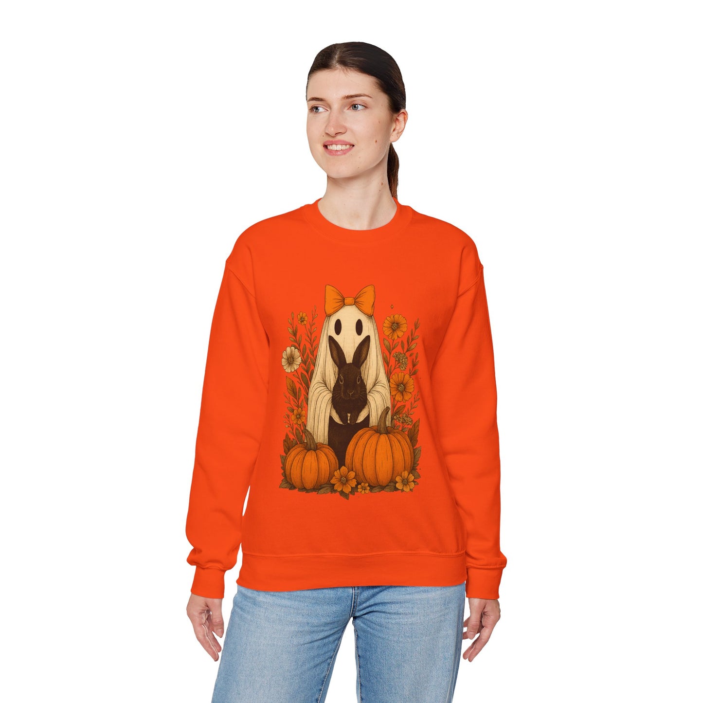 Vintage Black Rabbit with Pumpkins & Florals - Ghostly Garden Bunny Halloween Sweatshirt – Autumn Ghost Crewneck - Cozy Cute Gift